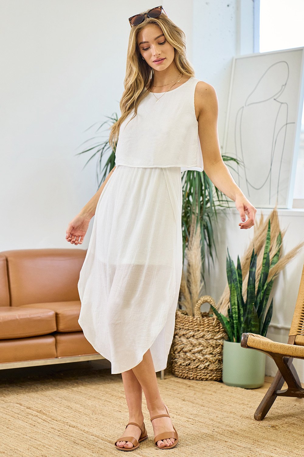 Sleeveless Linen Layered Bodies Tulip Hem Midi Dress
