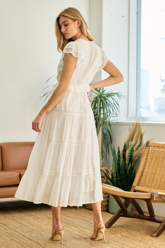 Lace Trim Surplice Neck Tiered Maxi Dress