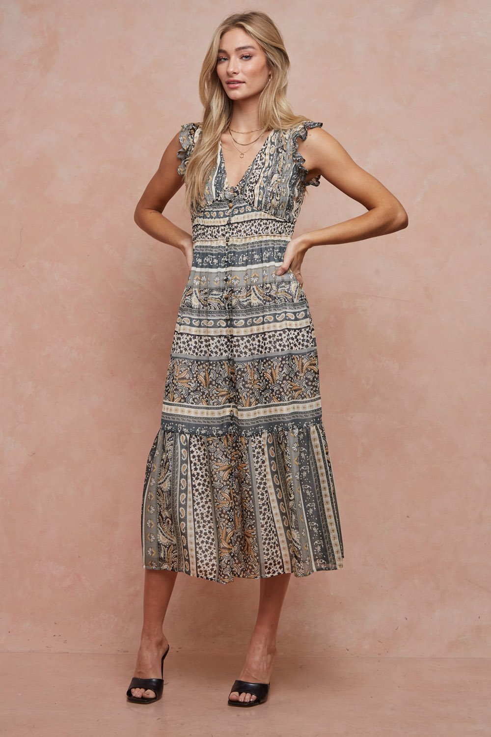 Sleeveless Button Down Ruffle Midi Dress