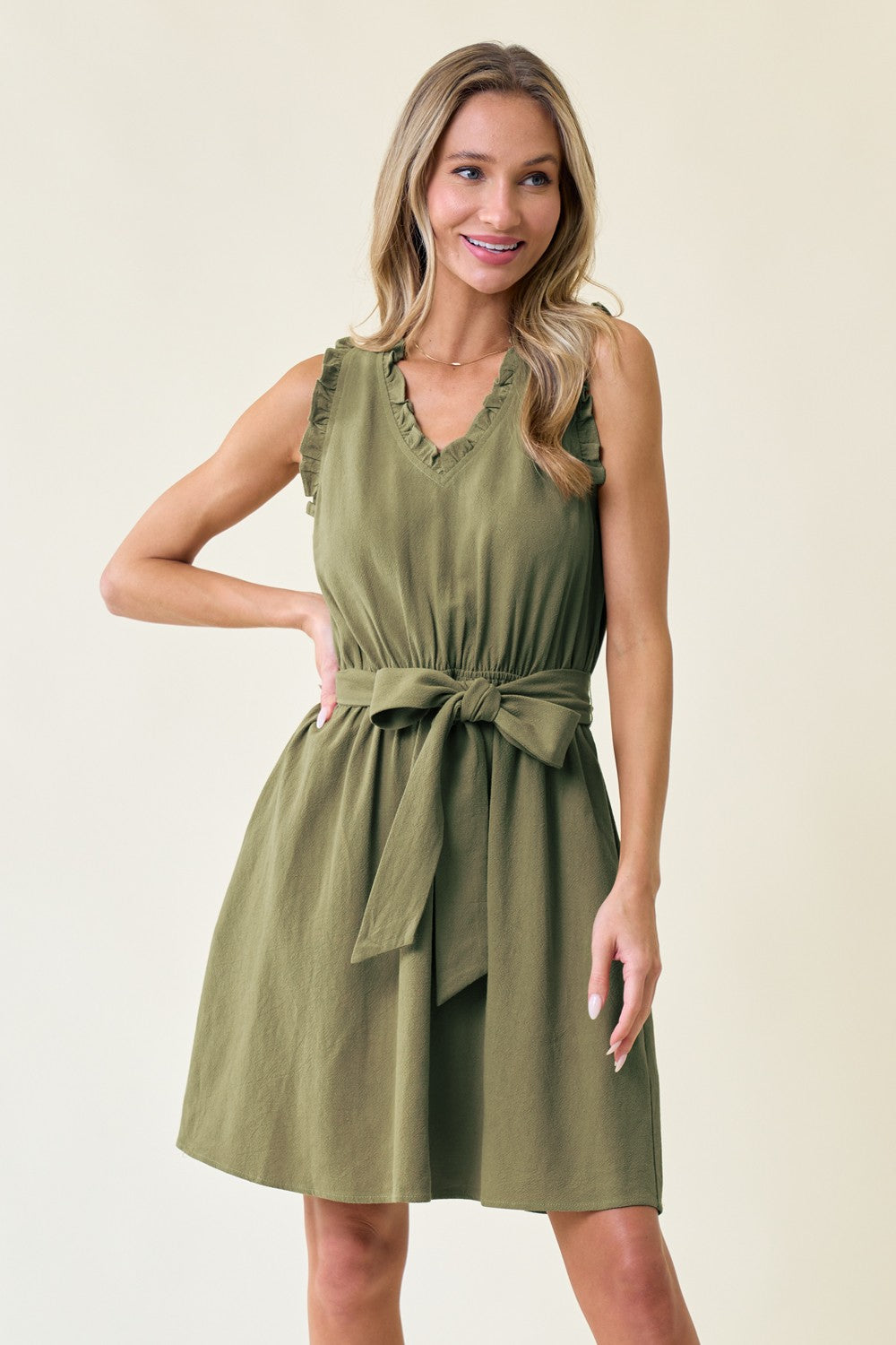 Short Sleeveless V Neck Tie Front Dress