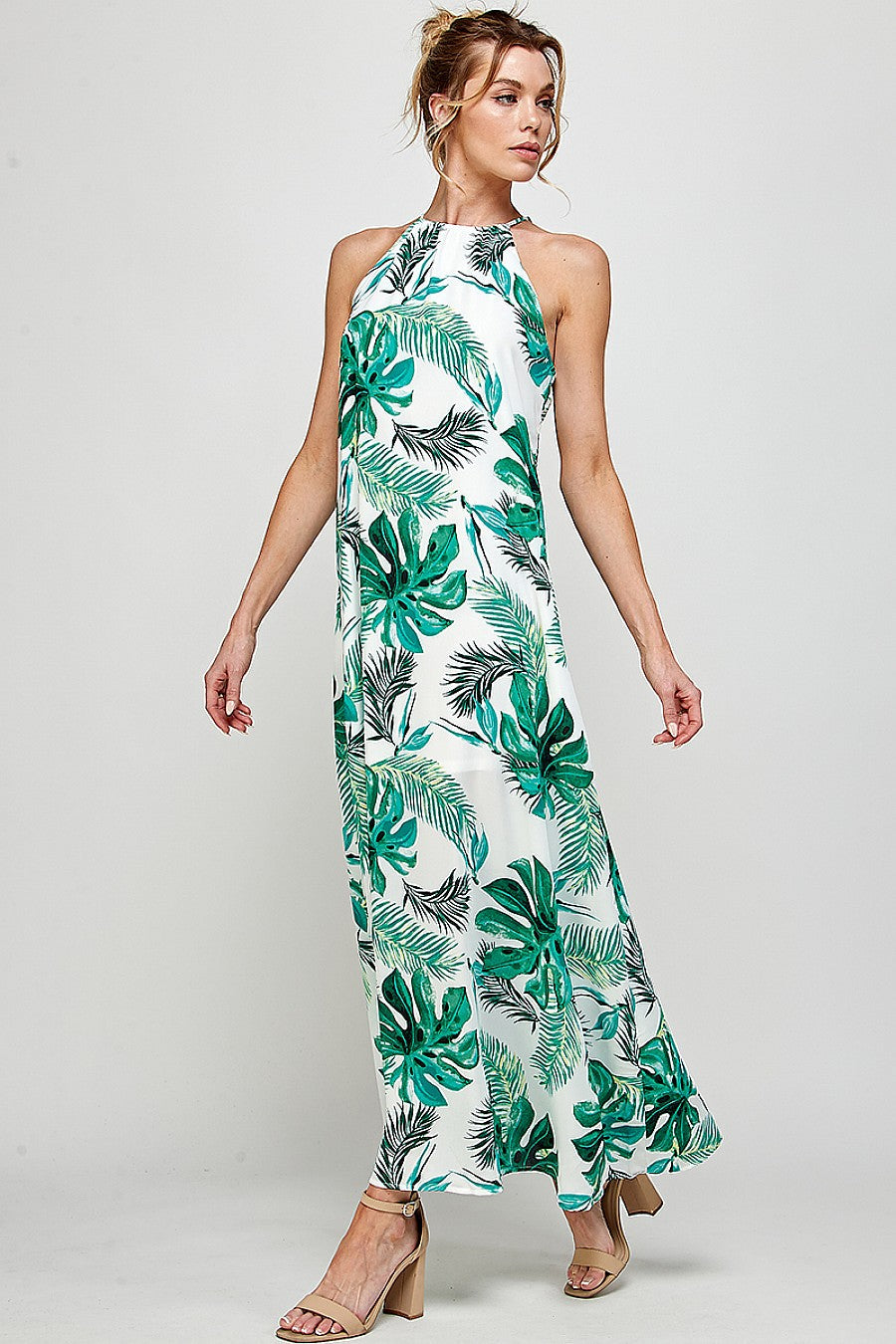 Long Halter Neck Tropical Print Maxi Dress