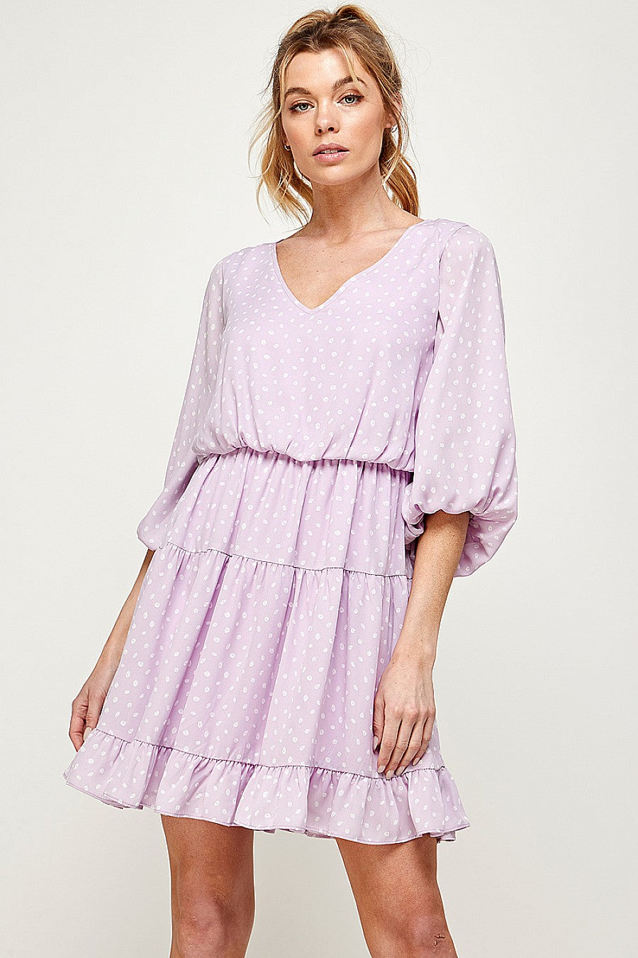 Short Printed 3/4 Sleeve Ruffled Dress