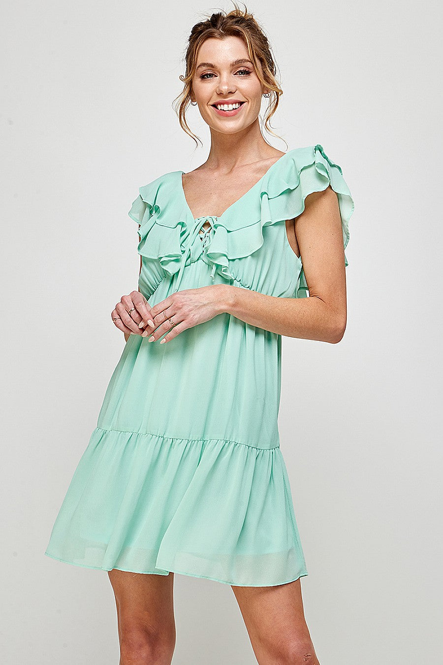 Short V Neck Ruffled Mini Dress