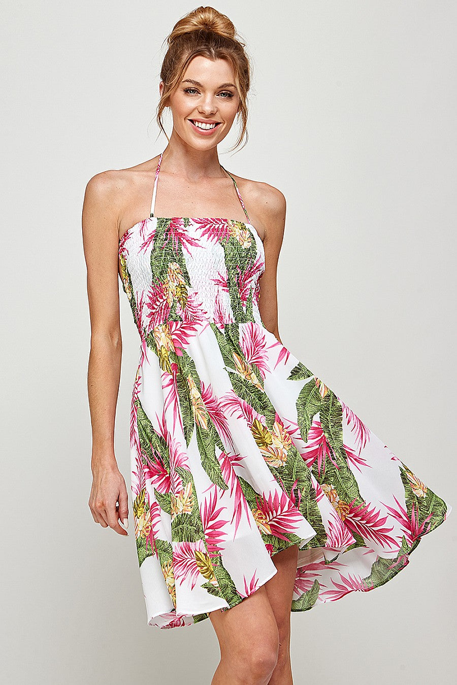 Short Halter Neck Tropical Print Dress