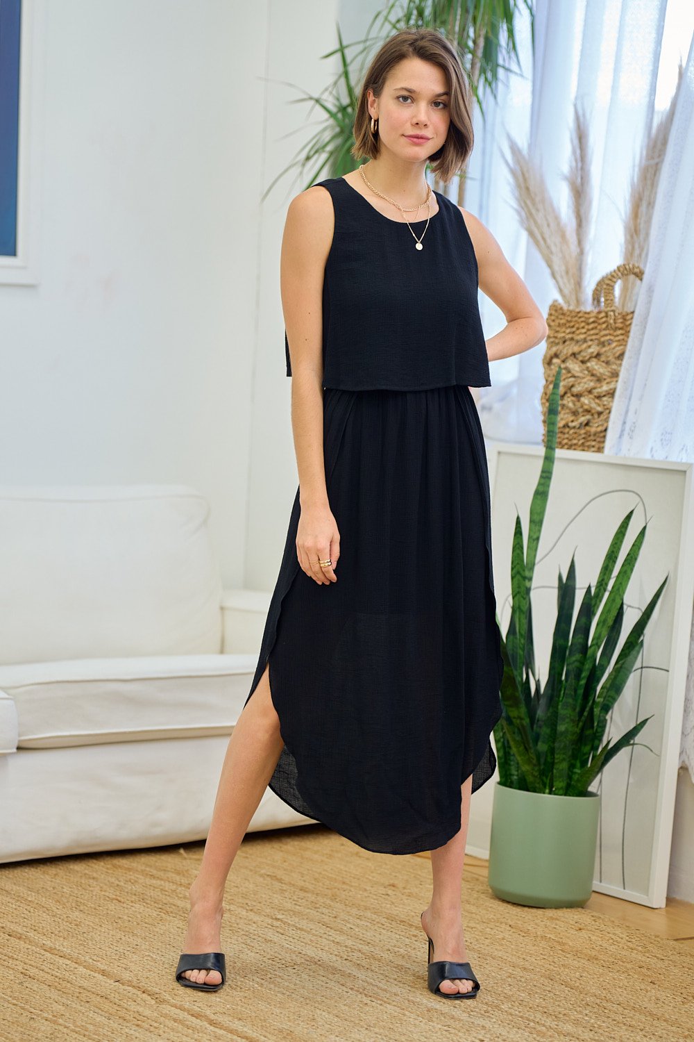 Sleeveless Linen Layered Bodies Tulip Hem Midi Dress