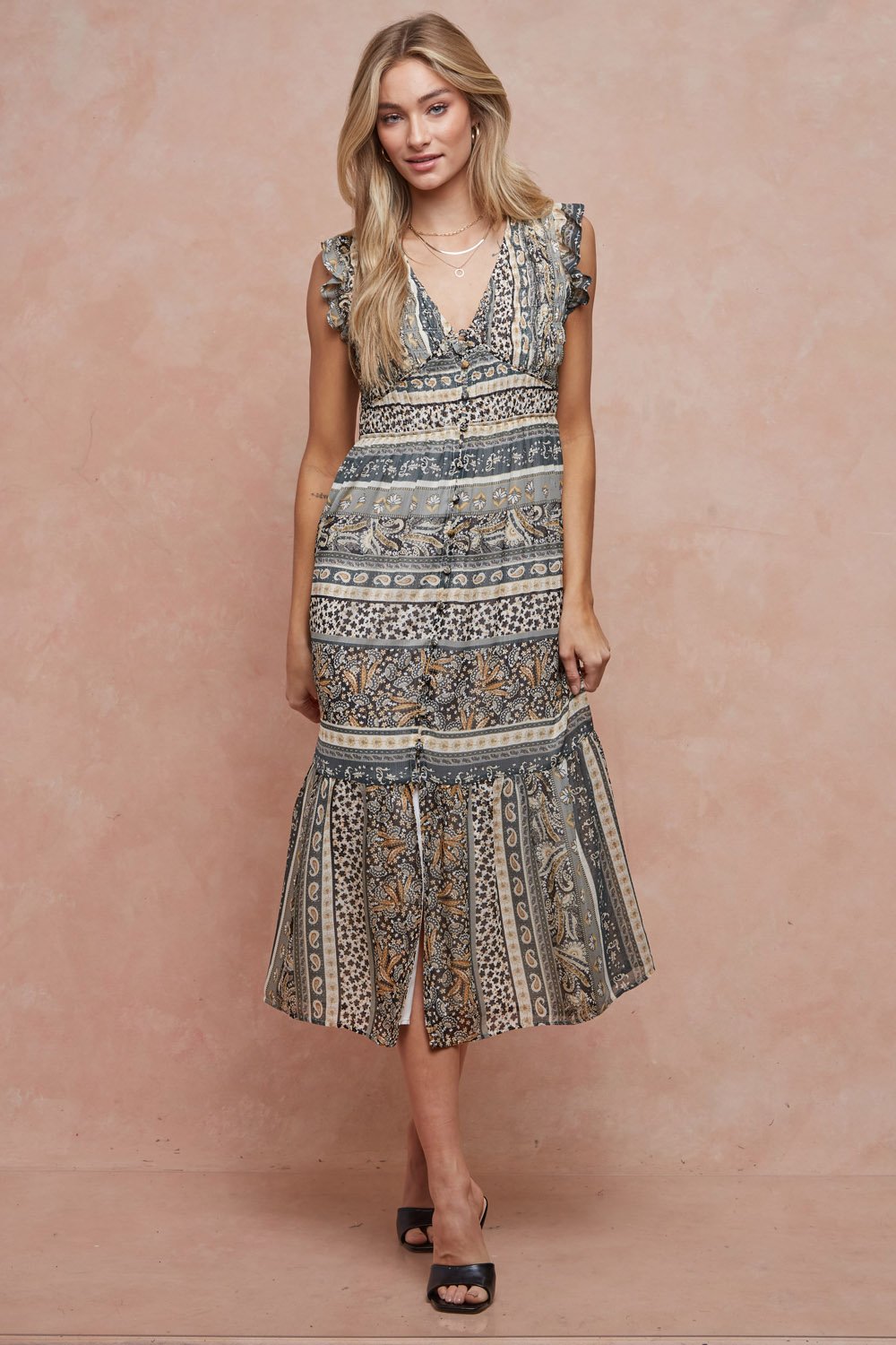 Sleeveless Button Down Ruffle Midi Dress