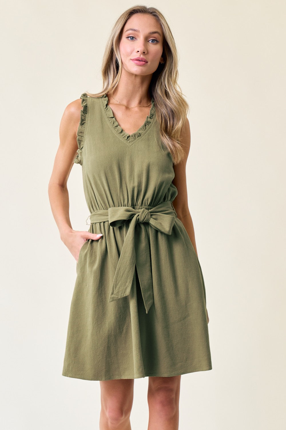 Short Sleeveless V Neck Tie Front Dress