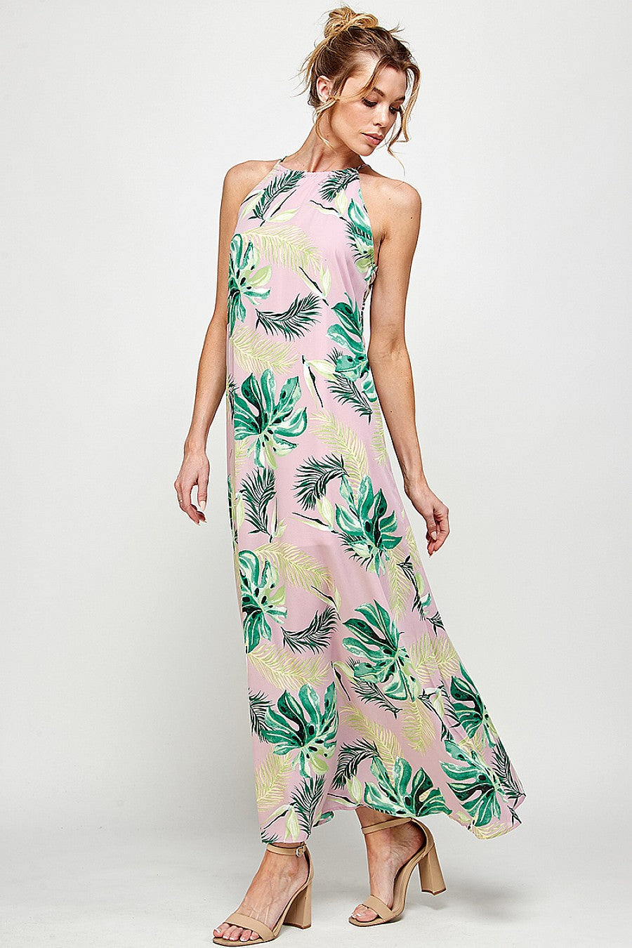 Long Halter Neck Tropical Print Maxi Dress