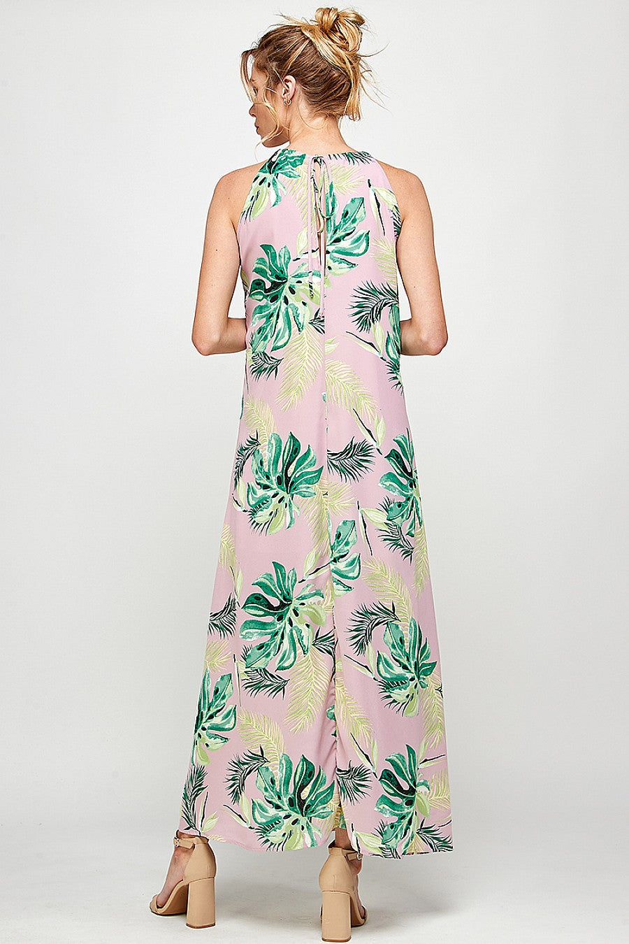 Long Halter Neck Tropical Print Maxi Dress