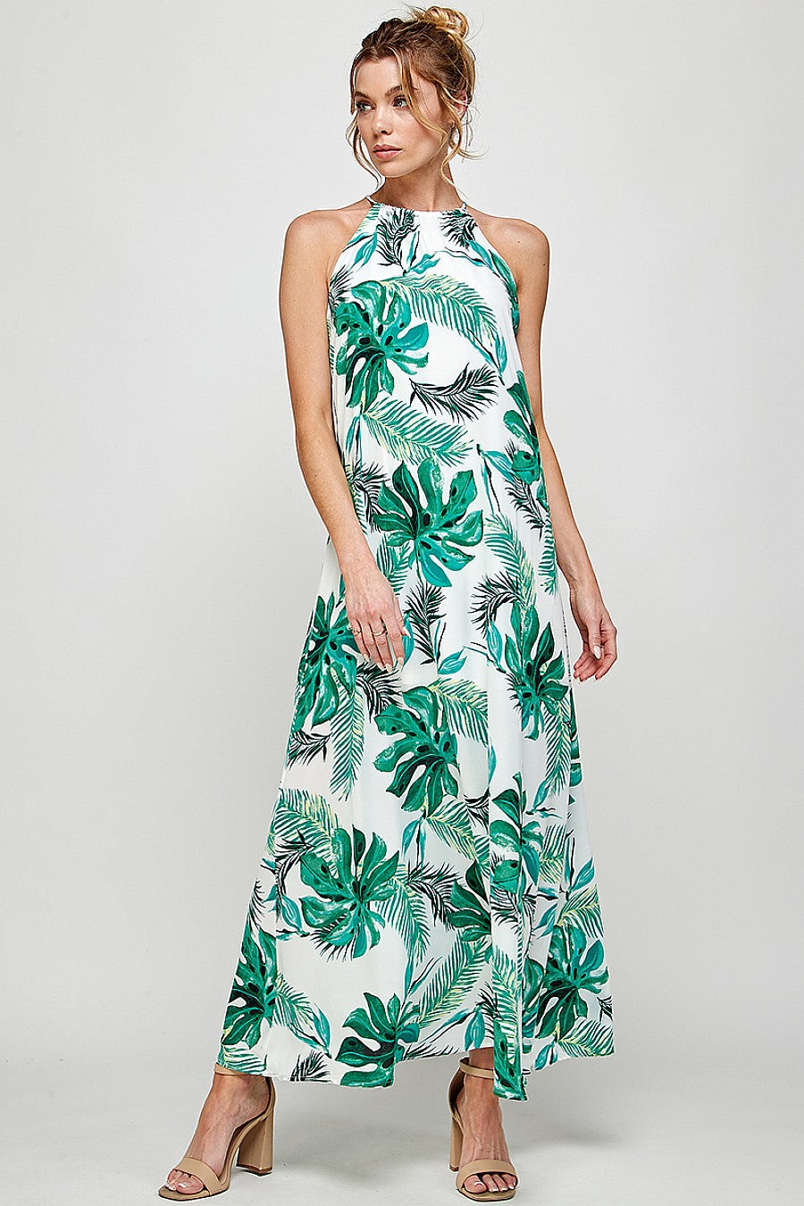 Long Halter Neck Tropical Print Maxi Dress
