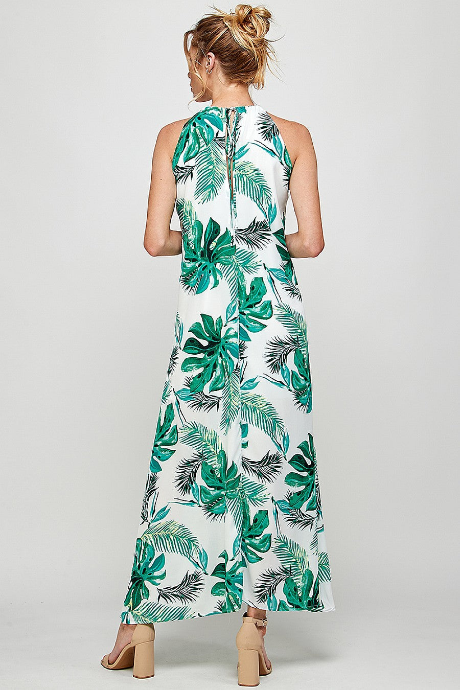 Long Halter Neck Tropical Print Maxi Dress