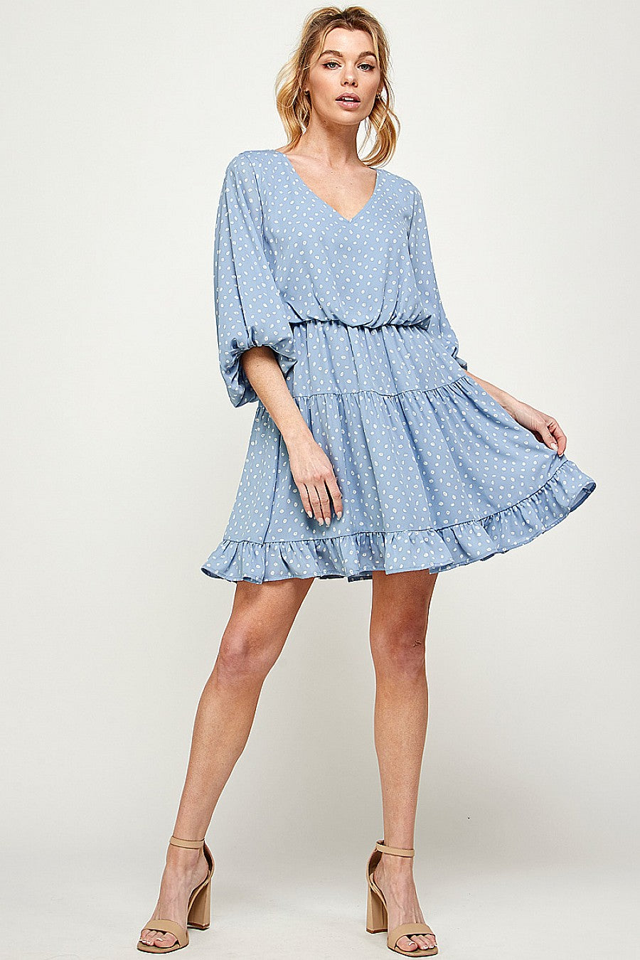 Short Printed 3/4 Sleeve Ruffled Dress