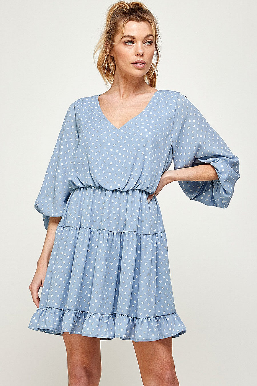 Short Printed 3/4 Sleeve Ruffled Dress