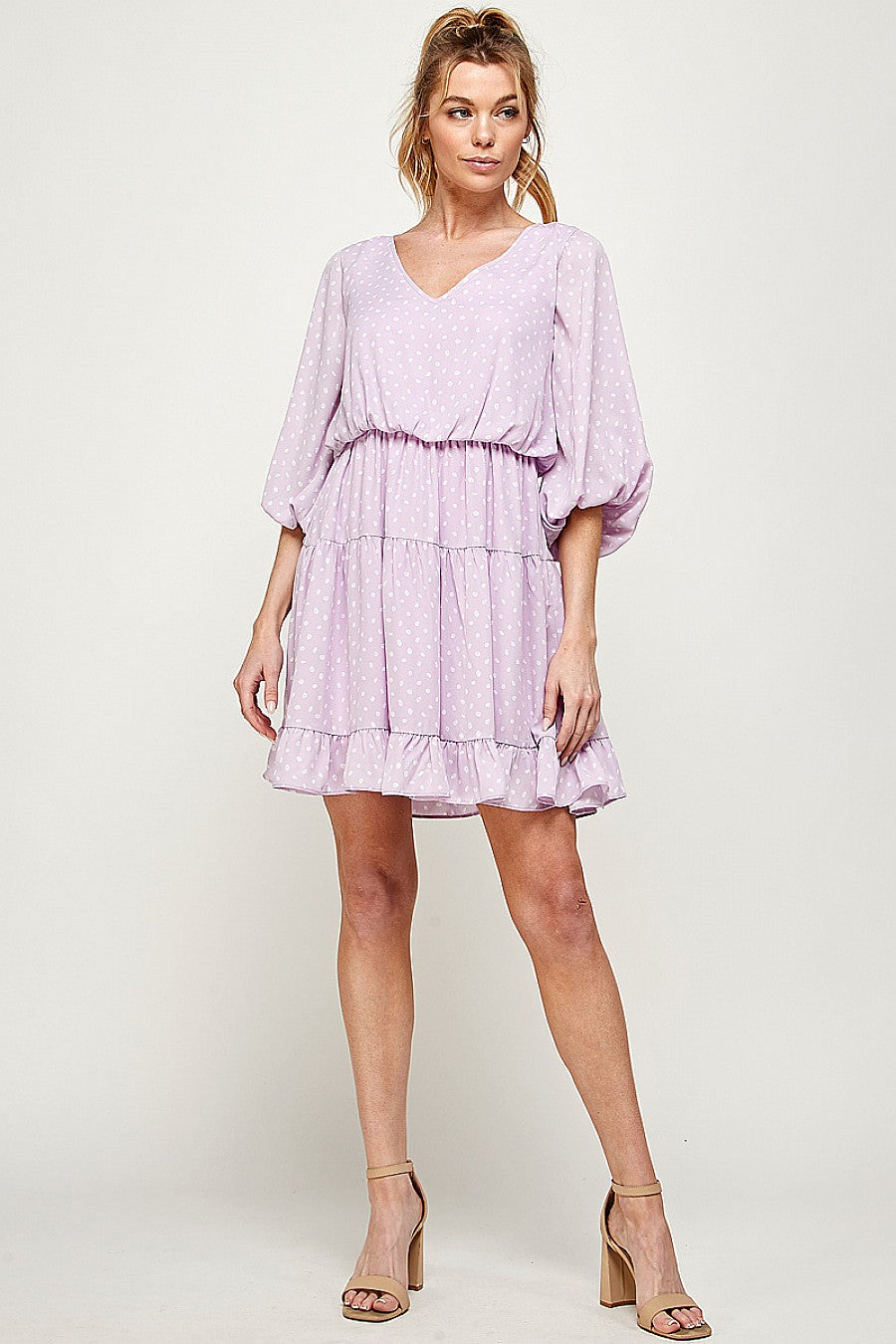 Short Printed 3/4 Sleeve Ruffled Dress
