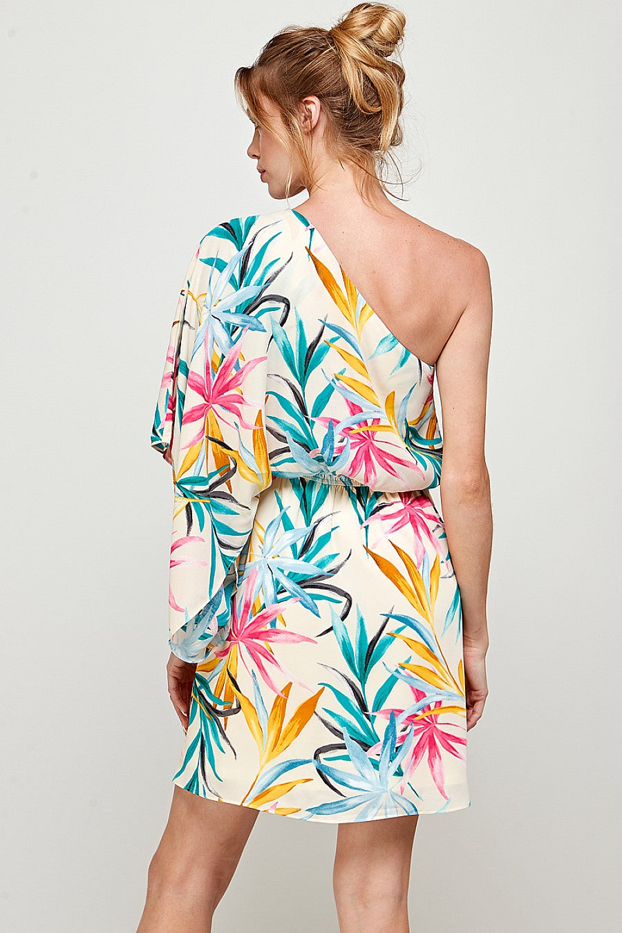Short One Shoulder Tropical Print Dress