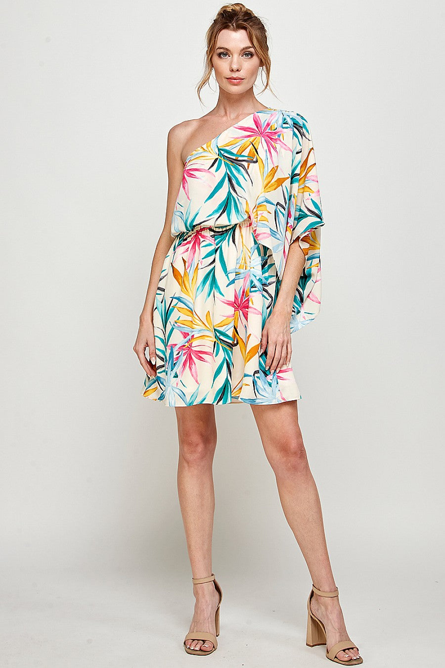 Short One Shoulder Tropical Print Dress