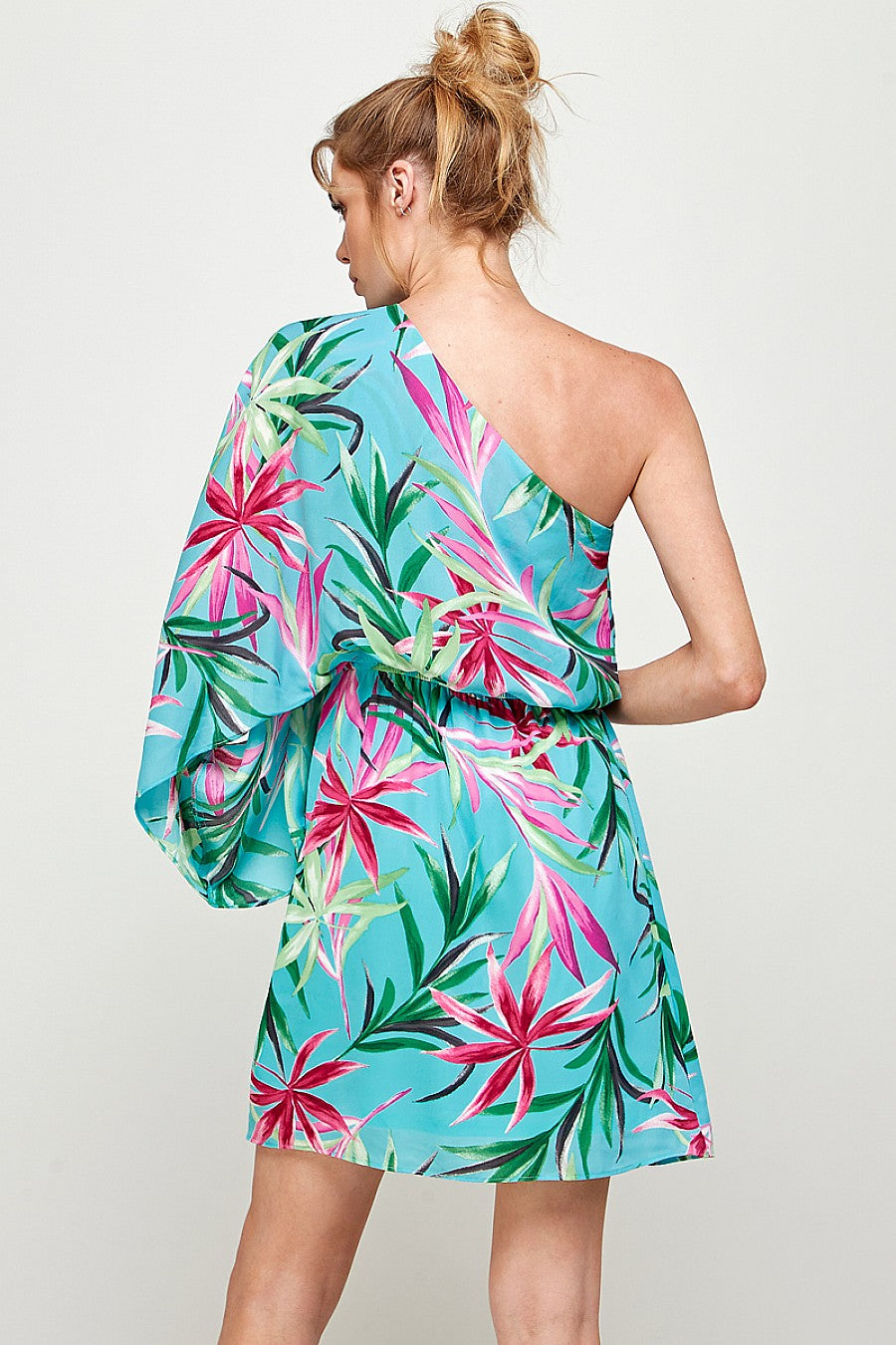 Short One Shoulder Tropical Print Dress