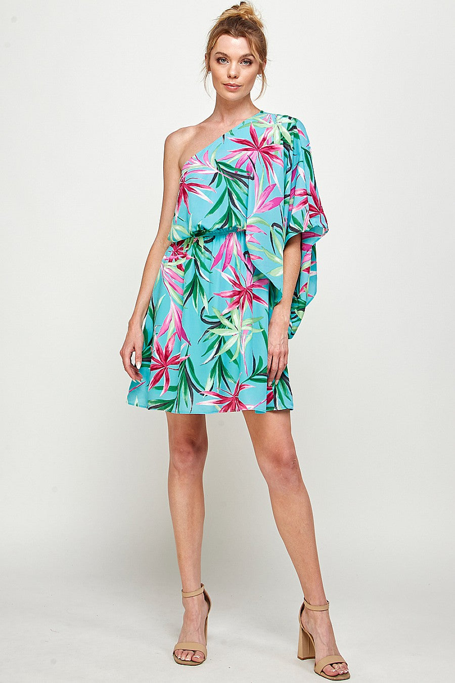 Short One Shoulder Tropical Print Dress