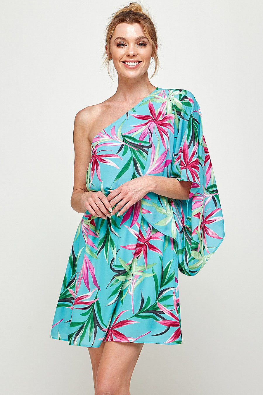 Short One Shoulder Tropical Print Dress