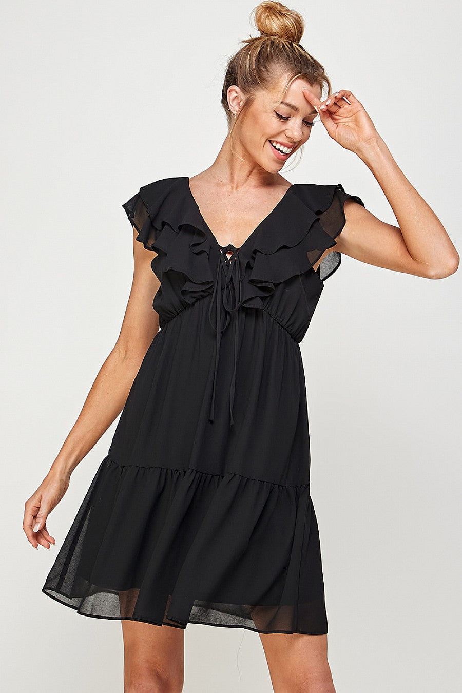 Short V Neck Ruffled Mini Dress