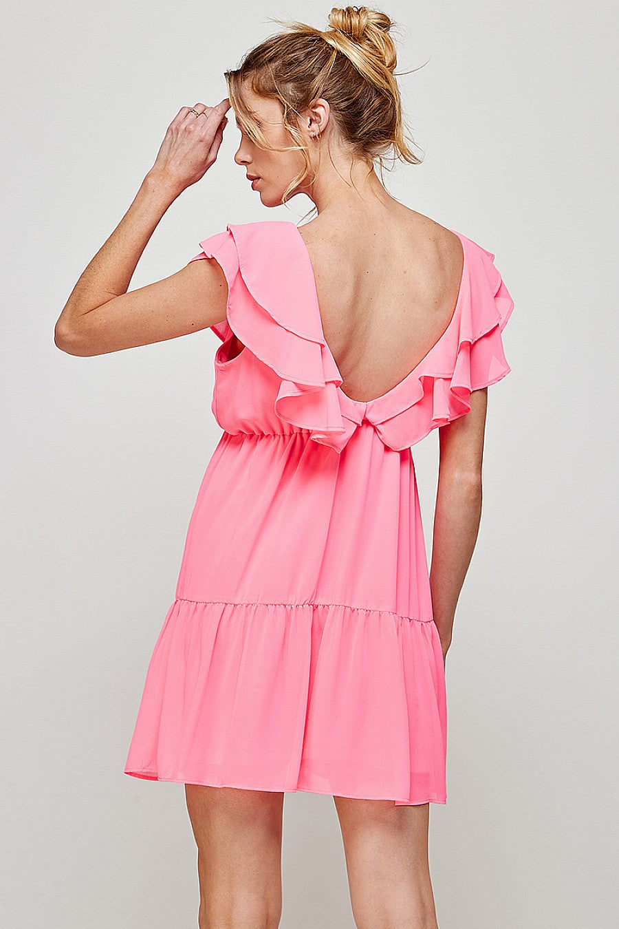 Short V Neck Ruffled Mini Dress