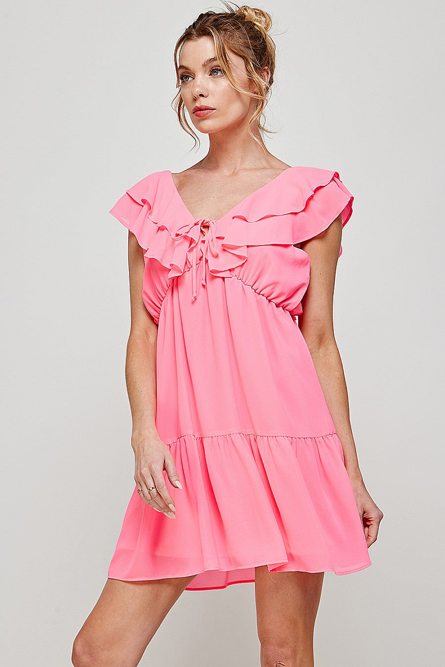 Short V Neck Ruffled Mini Dress