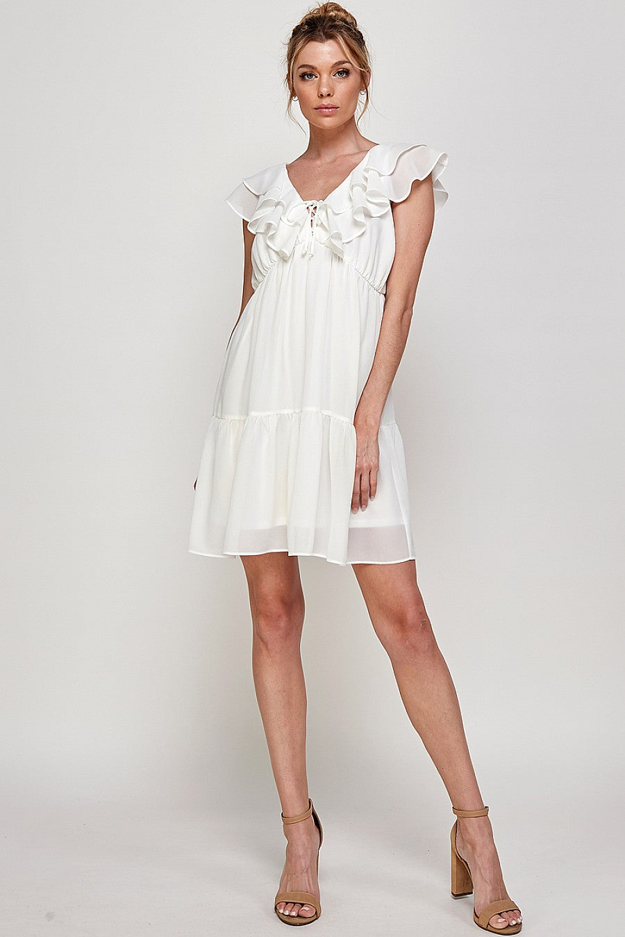 Short V Neck Ruffled Mini Dress
