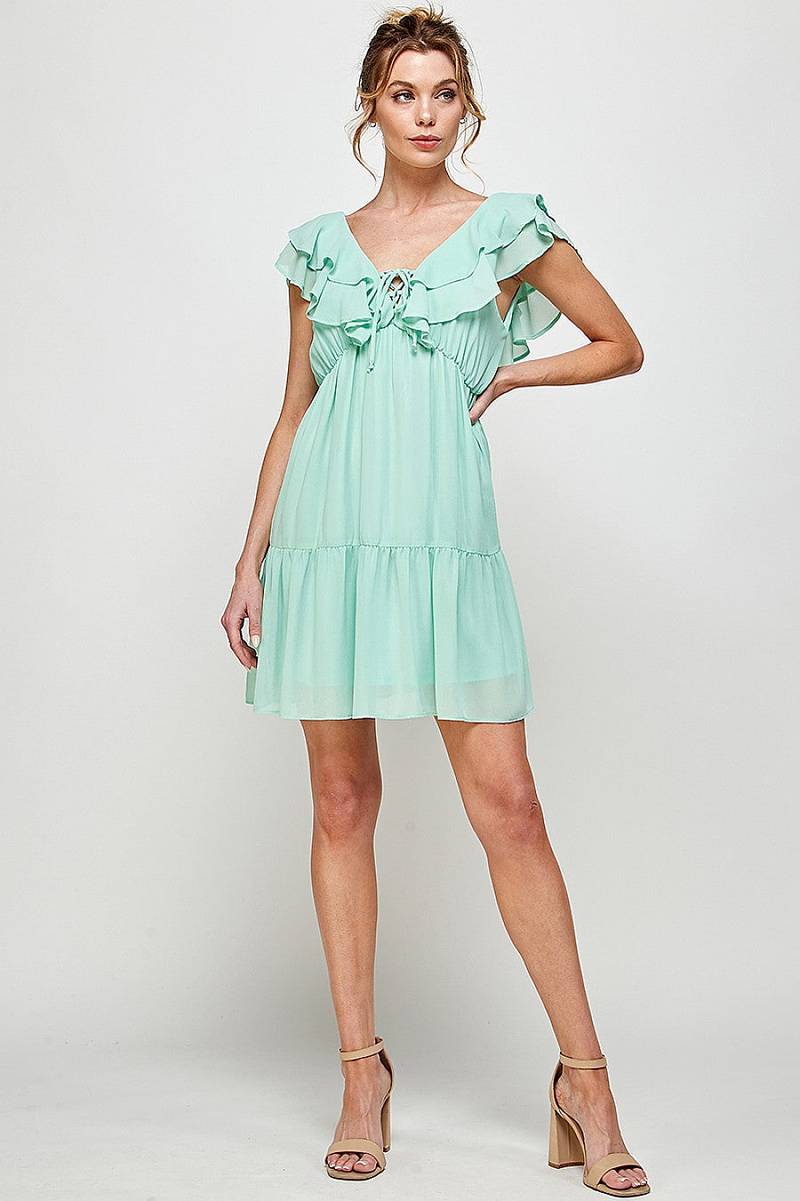 Short V Neck Ruffled Mini Dress