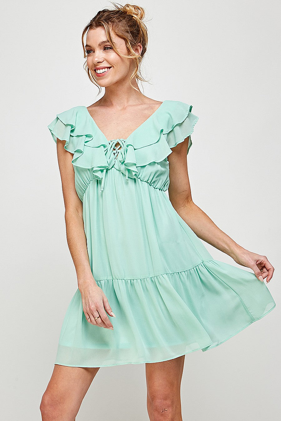 Short V Neck Ruffled Mini Dress
