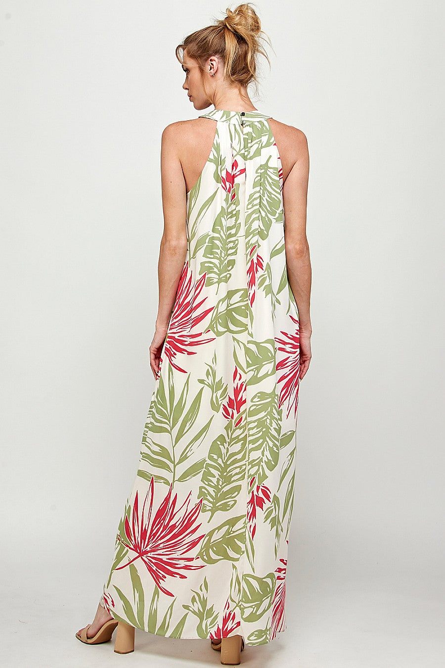 Long Tropical Print Halter Maxi Dress