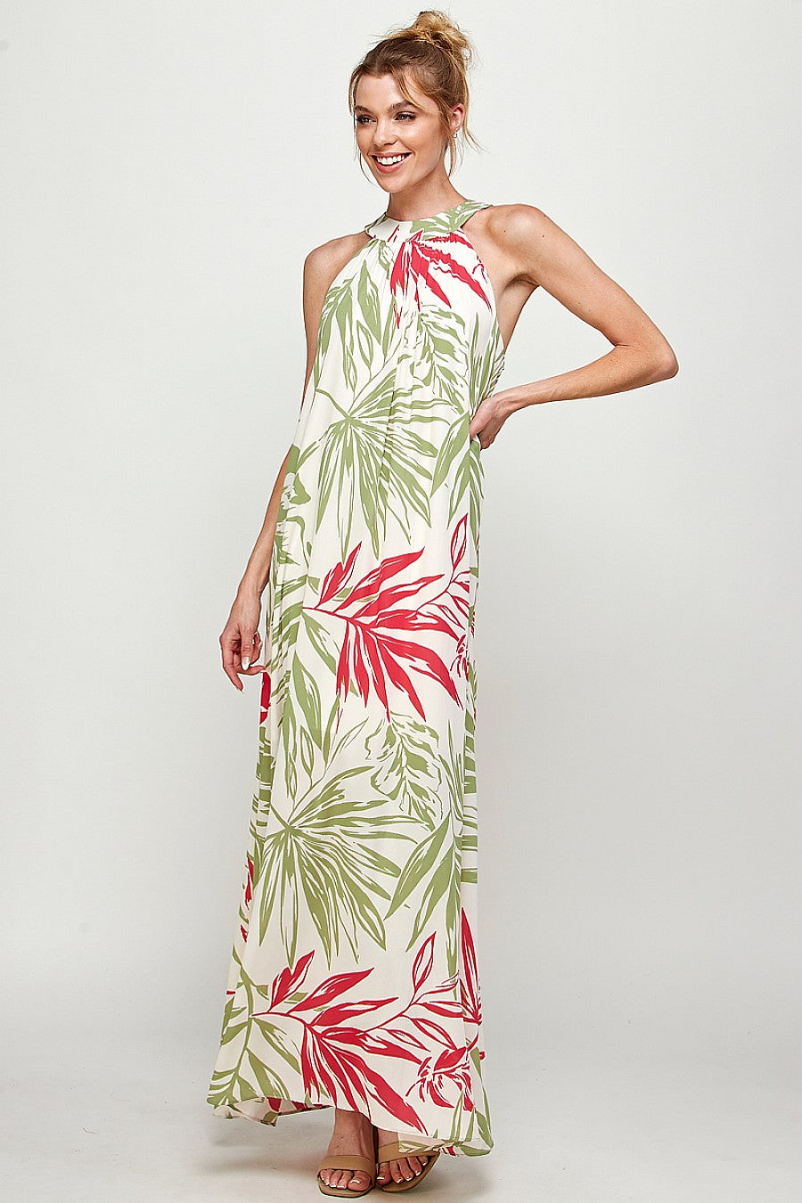 Long Tropical Print Halter Maxi Dress