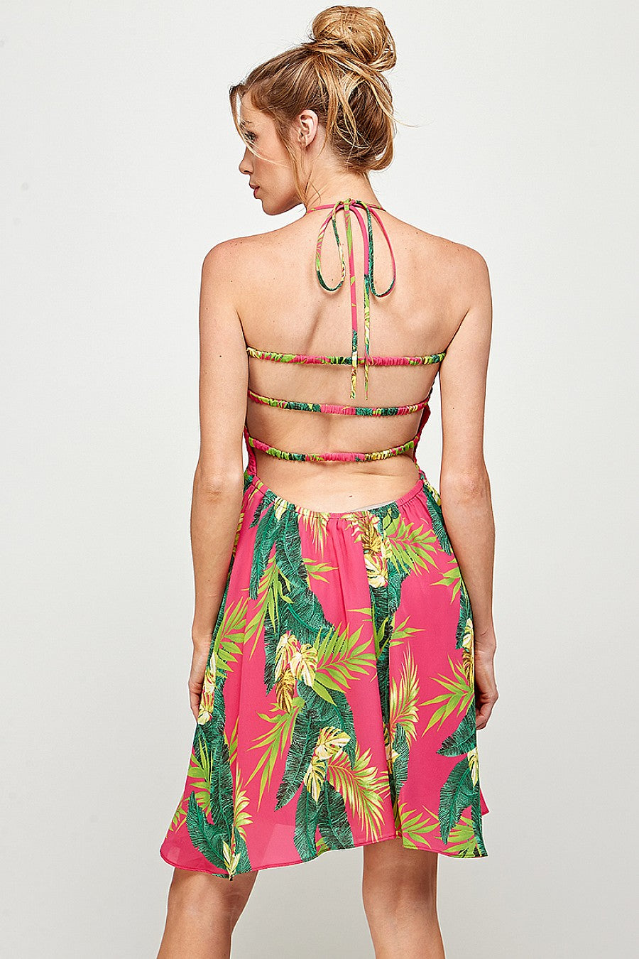 Short Halter Neck Tropical Print Dress