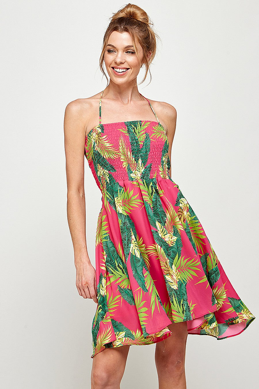 Short Halter Neck Tropical Print Dress