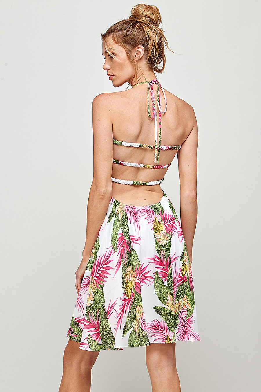 Short Halter Neck Tropical Print Dress